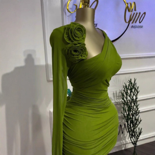 Women's Asymmetrical Neckline 3D Floral Mini Dress Long Sleeves Pleated Slimming Elegant Dress