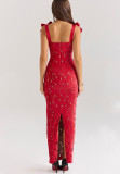 High-end embroidered bodycon maxi dress with bow