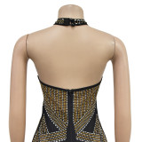 Women low back sexy mesh crystal halter neck sleeveless long evening dress