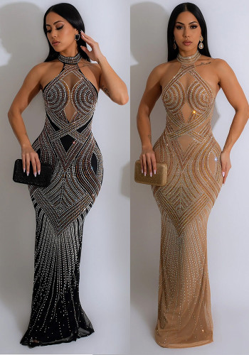 Women low back sexy mesh crystal halter neck sleeveless long evening dress