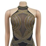 Women low back sexy mesh crystal halter neck sleeveless long evening dress