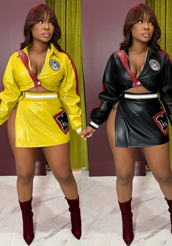 Women PU leather cropped jacket and slit mini skirt two-piece set