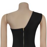 Women solid color one shoulder sleeveless top trousers two-piece set