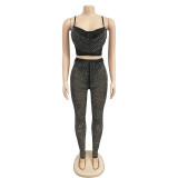 women's black mesh crystal top pants two-piece set