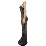 Women low back sexy mesh crystal halter neck sleeveless long evening dress