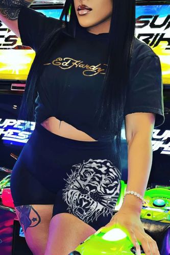 Women Casual Printed Short-Sleeved Two Piece Shorts Set