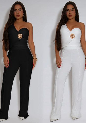 Women solid color one shoulder sleeveless top trousers two-piece set