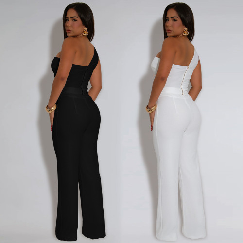 Women solid color one shoulder sleeveless top trousers two-piece set