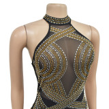 Women low back sexy mesh crystal halter neck sleeveless long evening dress