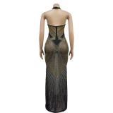 Women low back sexy mesh crystal halter neck sleeveless long evening dress
