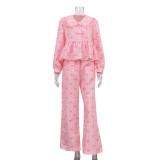 Bow-print striped shirt set with Peter Pan collar long-sleeved top and loose-fitting trousers two-piece set