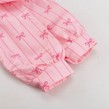 Bow-print striped shirt set with Peter Pan collar long-sleeved top and loose-fitting trousers two-piece set