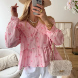 Bow-print striped shirt set with Peter Pan collar long-sleeved top and loose-fitting trousers two-piece set