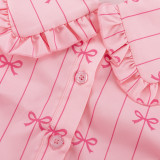 Bow-print striped shirt set with Peter Pan collar long-sleeved top and loose-fitting trousers two-piece set