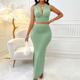 Women Solid Color Vest Top and Long Skirt Two-piece Set