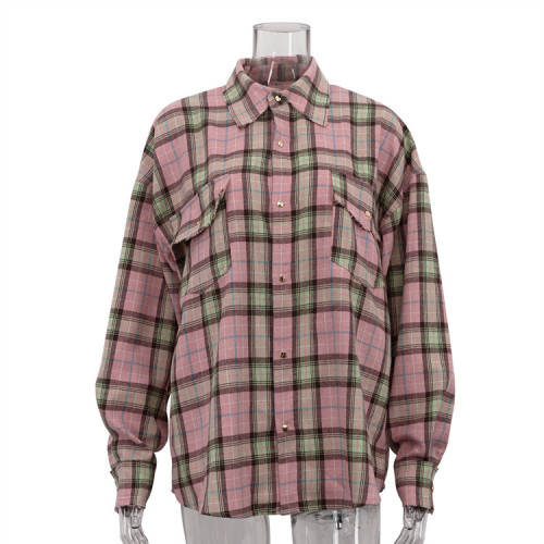 Casual plaid shirt for women retro style long-sleeved loose shirt