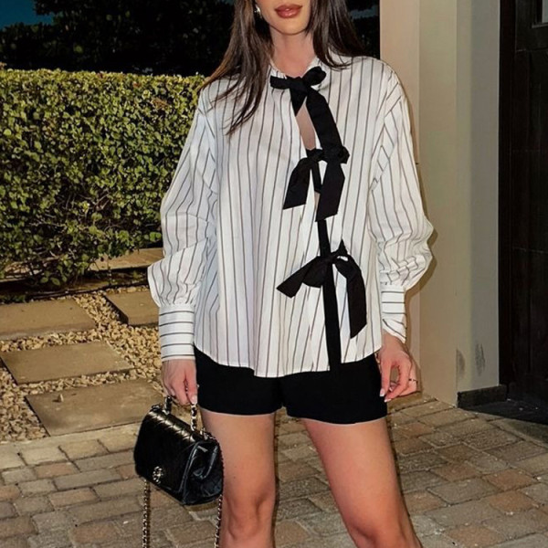 Women's Autumn Print Striped Shirt Bow Knot Long Sleeve Blouse
