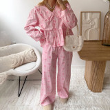 Bow-print striped shirt set with Peter Pan collar long-sleeved top and loose-fitting trousers two-piece set