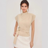 High-end women's high-neck short-sleeved beige top