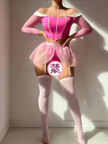 Sexy off-the-shoulder mesh nightgown lingerie set with stockings