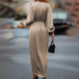 Elegant cross-neck slit puff sleeve irregular long-sleeved dress for women