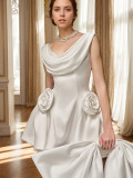 French-style gentle white satin dress for women autumn and winter 3D floral dress