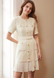 High-end women's retro round neck tweed button-down short sleeve pleated dress