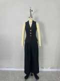 High-end women's elegant solid color V-neck sleeveless vest and high-waisted wide-leg pants suit