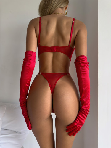 Sexy satin Christmas/Valentine's Day lingerie three-piece set (with gloves)