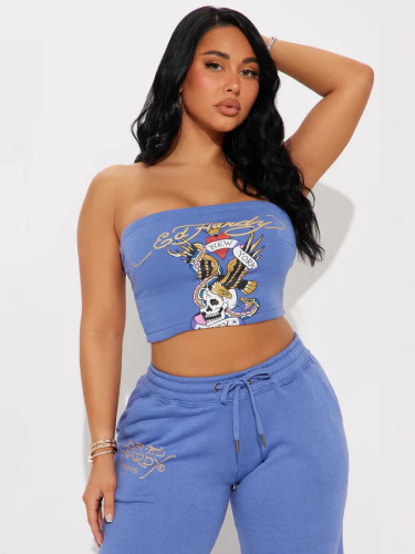 Women Sports Strapless Top Sweatpants Two Piece Set
