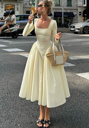 Autumn Sexy Plaid Skirt High Waist Full Sleeve Dress for Women