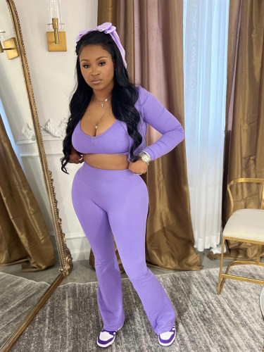 Women's Solid Color Long Sleeve Sports Three-Piece Pants Set