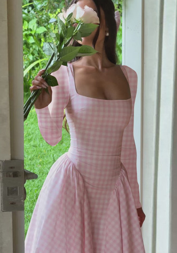 Autumn Sexy Plaid Skirt High Waist Full Sleeve Dress for Women