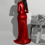 Sexy women's slit evening dress V-neck long-sleeved dress