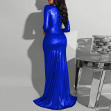 Sexy women's slit evening dress V-neck long-sleeved dress
