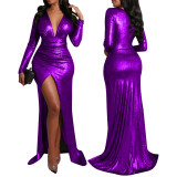Sexy women's slit evening dress V-neck long-sleeved dress