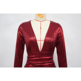 Sexy women's slit evening dress V-neck long-sleeved dress