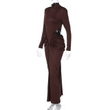 Autumn Women's Solid Color Sexy Hollow-Out Waist Pleated High Neck Long Sleeve Evening Dress