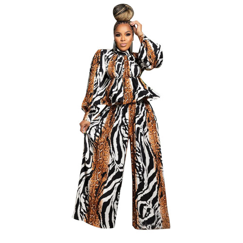 Women Long Sleeve Top and Wide Leg Pants Printed Two-piece Set