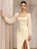 Autumn Women's Embroidered Square Neck Slit Yellow Banquet Dress