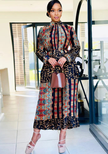 Women Printed Long Sleeve Pleated Maxi Dress
