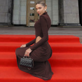 Autumn Women's Solid Color Sexy Hollow-Out Waist Pleated High Neck Long Sleeve Evening Dress