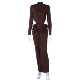 Autumn Women's Solid Color Sexy Hollow-Out Waist Pleated High Neck Long Sleeve Evening Dress