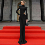 Autumn Women's Solid Color Sexy Hollow-Out Waist Pleated High Neck Long Sleeve Evening Dress