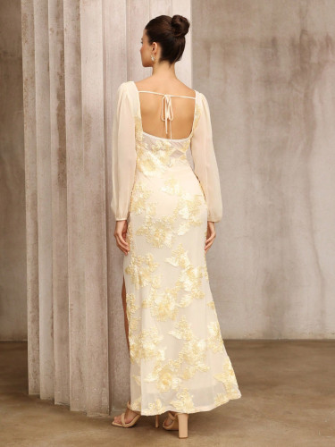 Autumn Women's Embroidered Square Neck Slit Yellow Banquet Dress