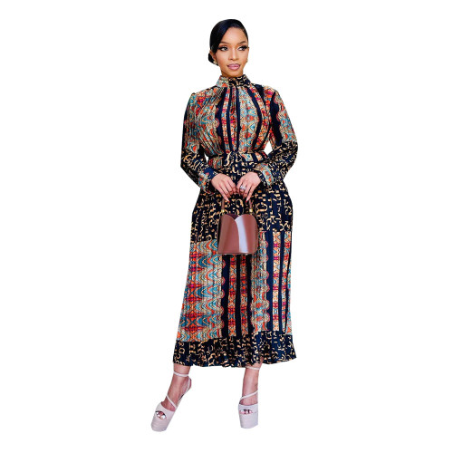 Women Printed Long Sleeve Pleated Maxi Dress