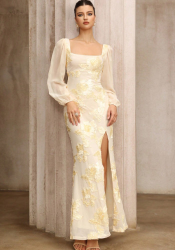 Autumn Women's Embroidered Square Neck Slit Yellow Banquet Dress