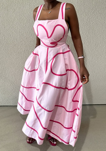 Women's Wide Strap Sleeveless Printed A-Line Long Dress