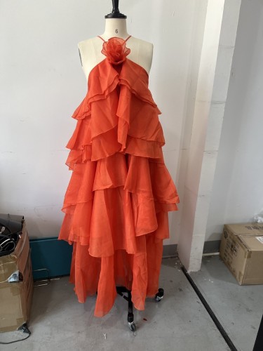 3D floral halter neck ruffled maxi dress