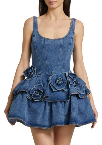 Floral double-layer denim dress